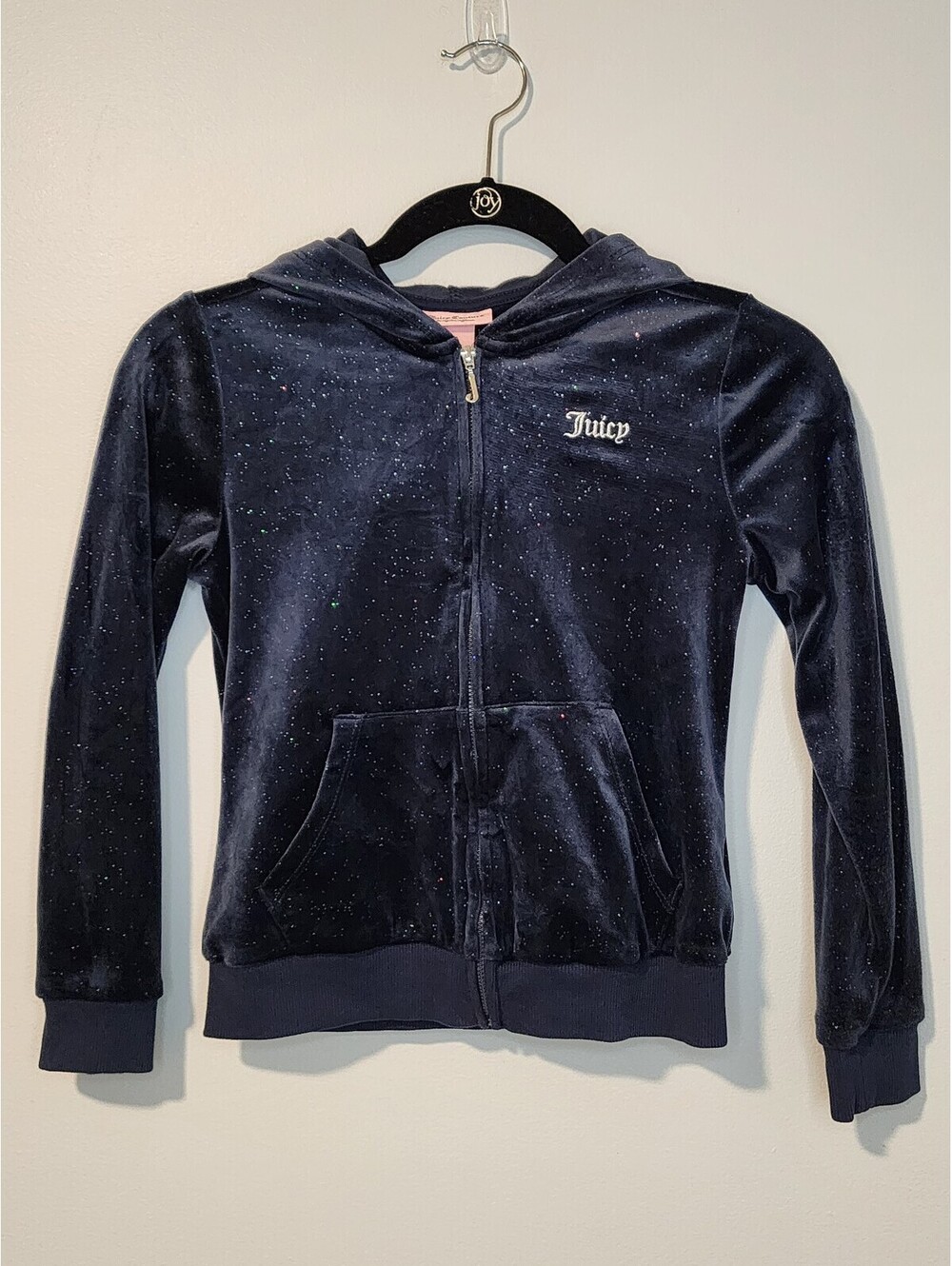 Juicy Couture Y2K Girls Navy Blue Sparkle Velvet Hoodie Jacket Size 8/10